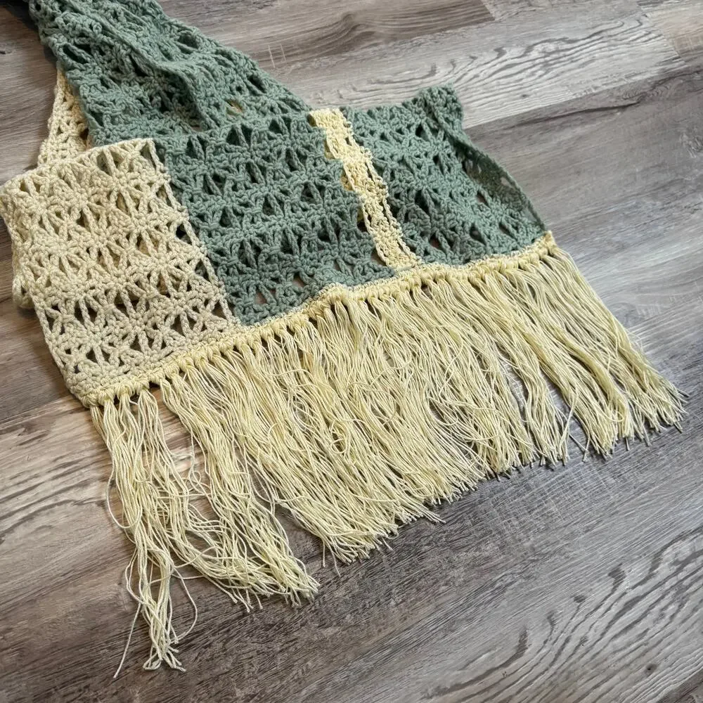 Handmade Crochet Scarf Sage Green Cream Fringe Boho Indie Long Wrap